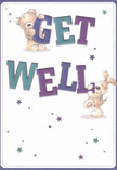 Radiating joyful optimism, this get well card features a lovable teddy bear and an eager puppy, both energetically entwined with the words 'Get Well' in bold, vibrant hues of indigo and teal. Their exuberant presence, highlighted by sparkling starbursts in gradients of blue and purple, brings to mind the welcoming diversity of Wood Green's streets. Set against a soft cream background, the scene feels both comforting and uplifting, much like walking into a friendly shop along the High Road. The delicately rendered fur of both animals suggests softness and security, as if offering a warm embrace to someone feeling under the weather. This card is more than just a message-it's an emotional tonic, crafted with a warmth that echoes the skilled hands and genuine well-wishes of local florists in Wood Green, perfect for delivering care and cheer to neighbours and loved ones nearby.